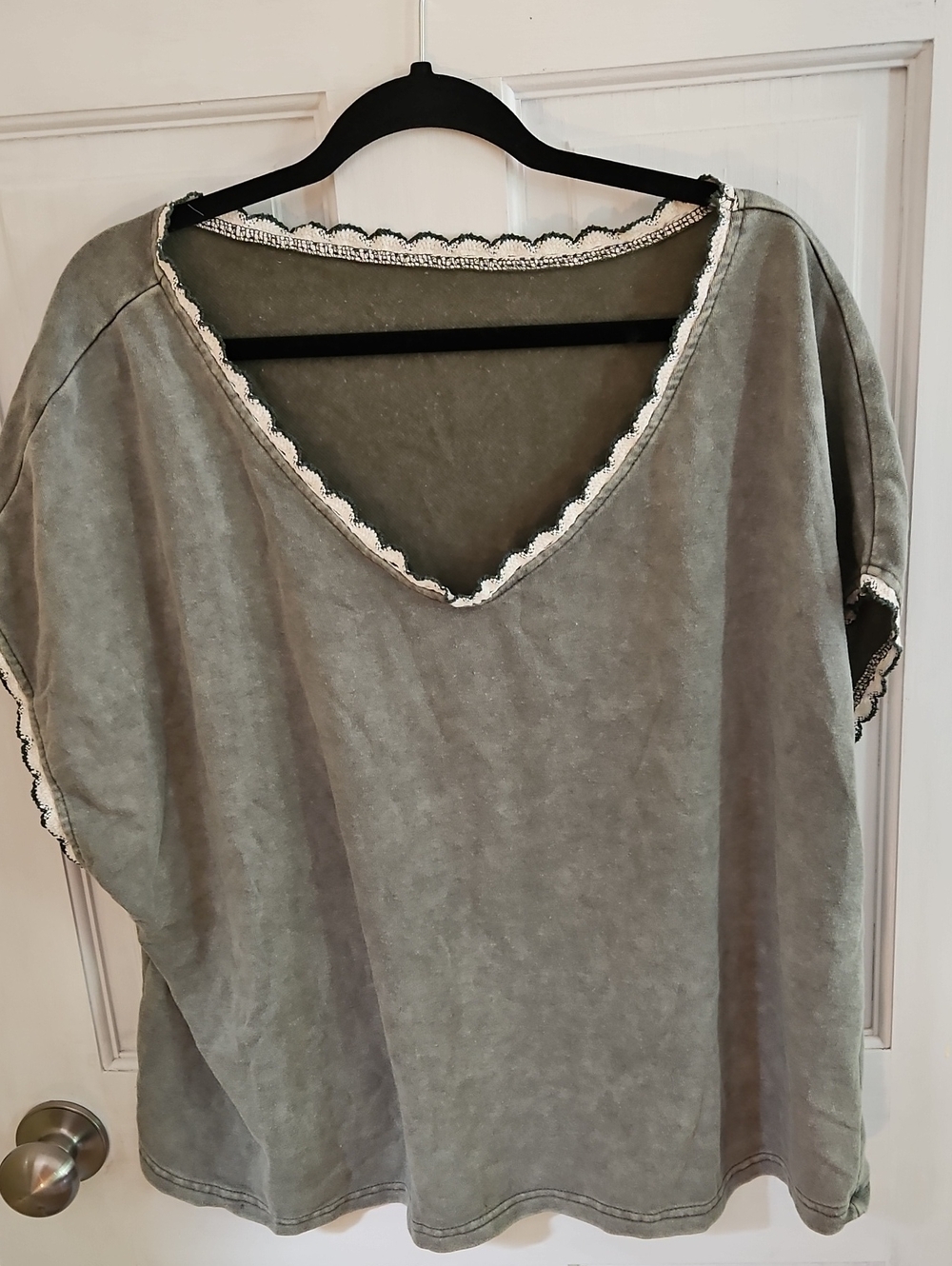 3xl , SHEIN Washed Sage V-Neck Crochet-Trim Top